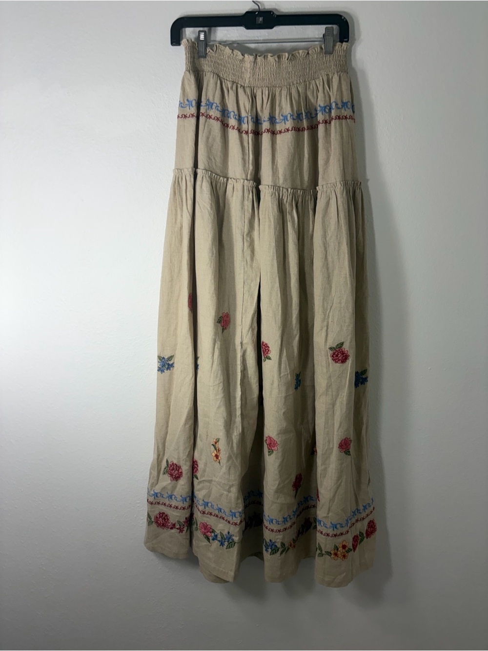 Agua Bendita Beige Maxi Skirt with Multicolor Floral Embroidery